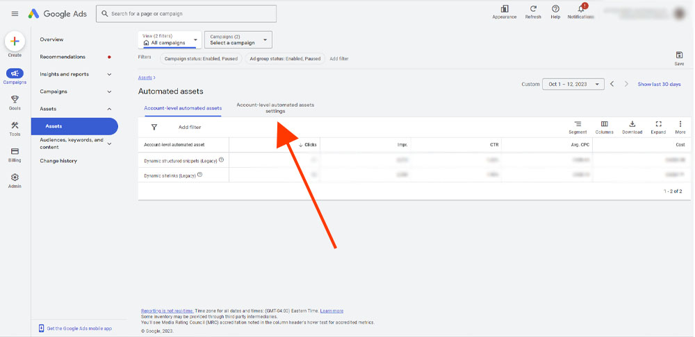 How to turn off google ad site links - select account level assets setting