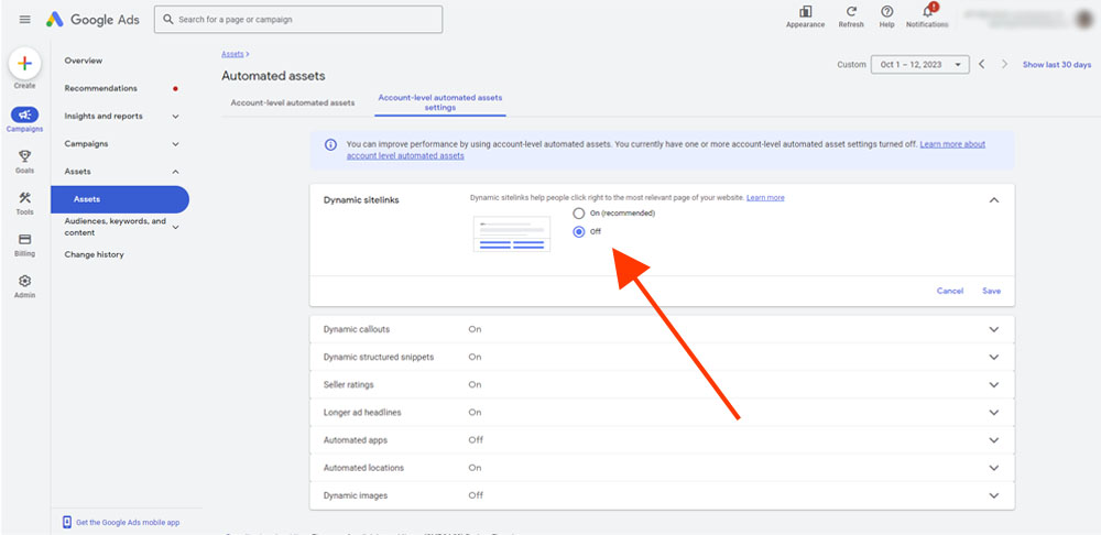 How to turn off google ad site links - locate dynamic sitelinks and turn off