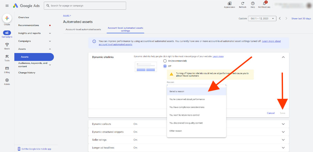 How to turn off google ad site links - select a reason and click save