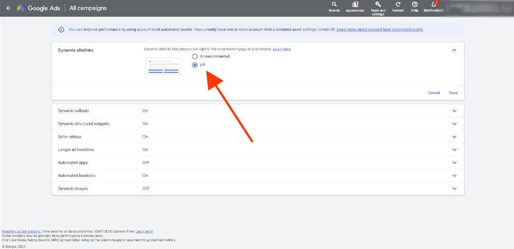 How to turn off google ad site links - Locate dynamic settings and turn off (old design)